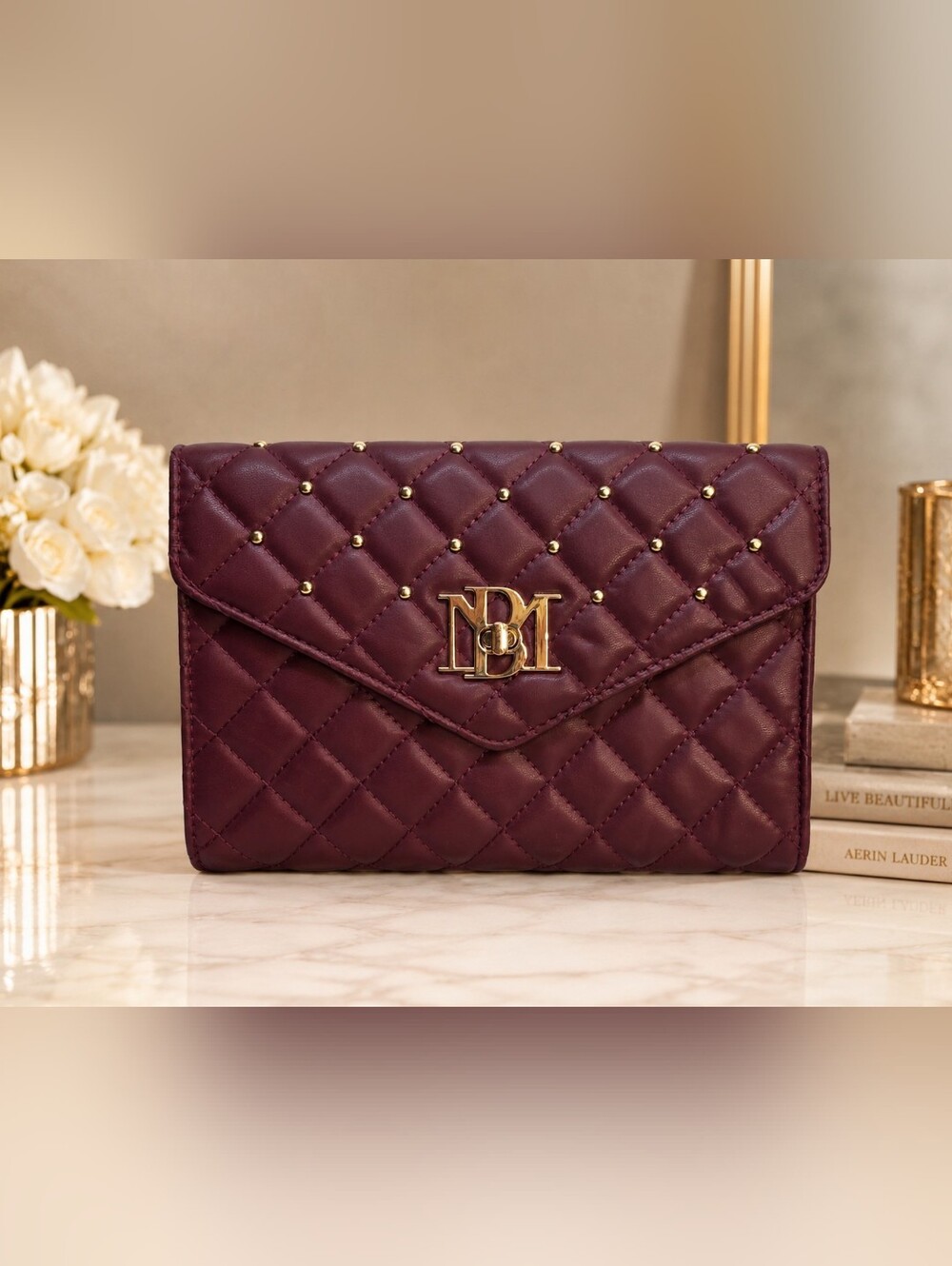 Badgley Mischka Plum Quilted Studded Crossbody Wallet Bag NWT